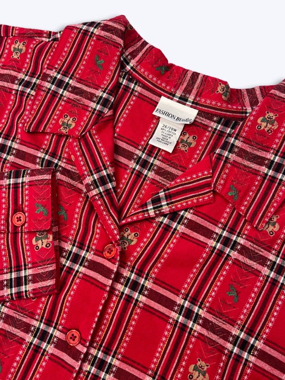 Fashion Bug Womens 26 28W Red Plaid Christmas Shirt Teddy Bear Holly Metallic LS